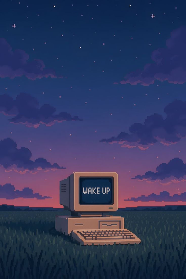 Изображение поля на фоне заката, в небе звезды и облака, а на зеленой траве стоит компьютер с надписью на экране, что пора просыпаться