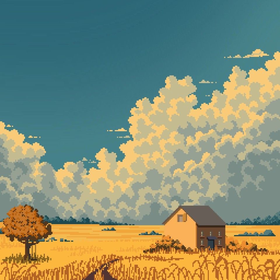 Изображение пейзажа, на котором поле с колосьями, дерево и напротив дерева двухэтажный дом, а на небе большие облака