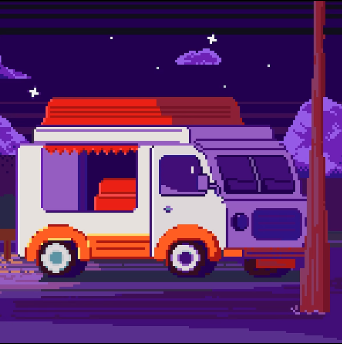 Изображение фургона, стоящего в ночи на фоне облочного звездного неба рядом с столбом