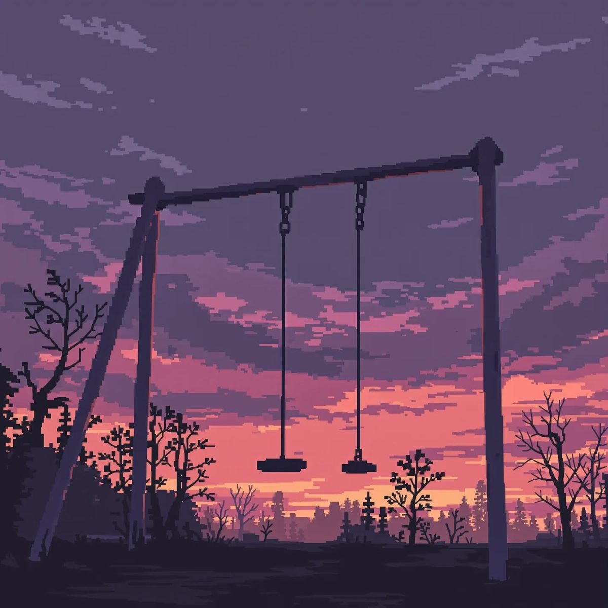 Изображение качелей на фоне розового заката и темных деревьев с почти опавшими листьями